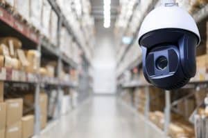 A CCTV camera in a warehouse that's been implemented by a Calgary security company.
