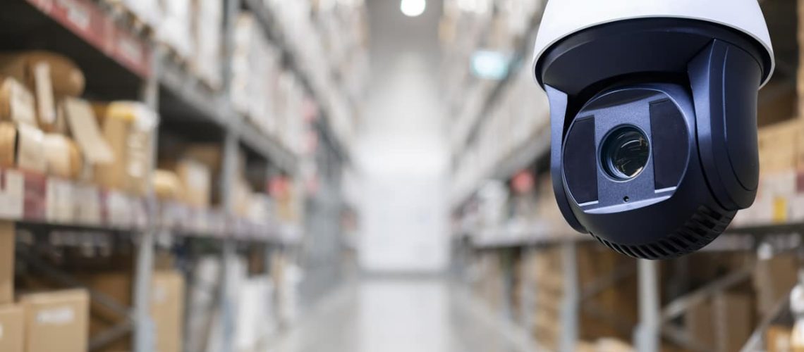 A CCTV camera in a warehouse that's been implemented by a Calgary security company.